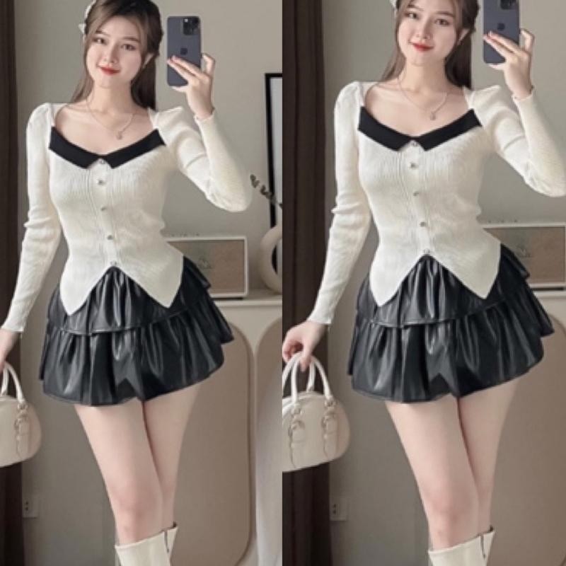 Sét áo tay dài chất thun tăm phối chân váy 2 tầng