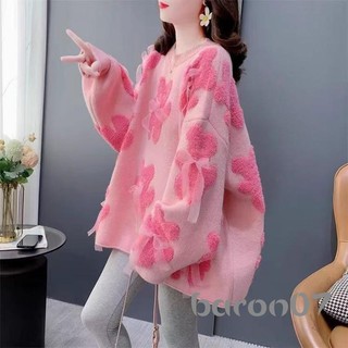 Áo len thêu gấu quá khổ dành cho nữ Áo len dài tay cổ tròn dệt kim Áo thun mùa thu