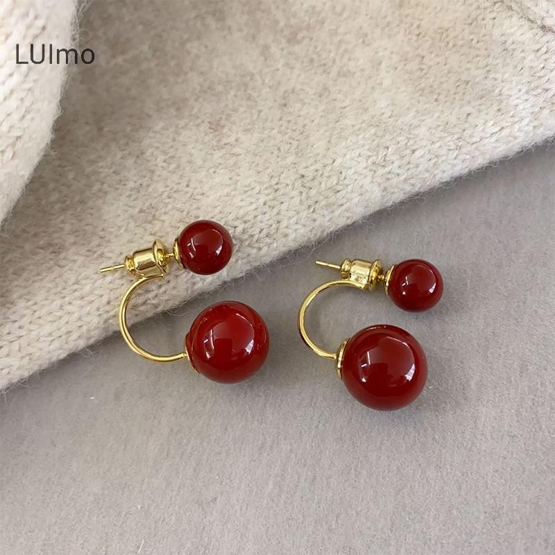 Luimo Ankela Nơ Đỏ Vintage Bông Tai Nữ Hàn Quốc INS Thu Đông Đơn Giản Hình Học SBS