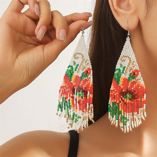 1 đôi bông tai tua rua dài hạt gạo cổ điển dành cho nữ, bông tai dệt thủ công Bohemian