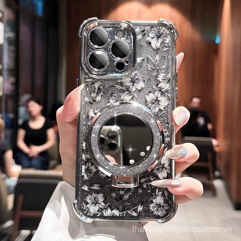 Ốp điện thoại cho OPPO A3X A3 A5Pro A92 A52 Find X7 X8 Pro X8 Ultra, gương trang điểm lấp lánh, giá đỡ, chống sốc, vỏ điện thoại mềm hình hoa có dây đeo