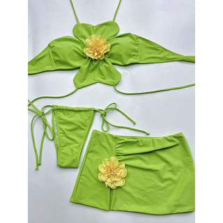 Đồ bơi nữ Màu xanh lá cây Hoa lớn Haler Ba mảnh Bikini Đồ bơi
