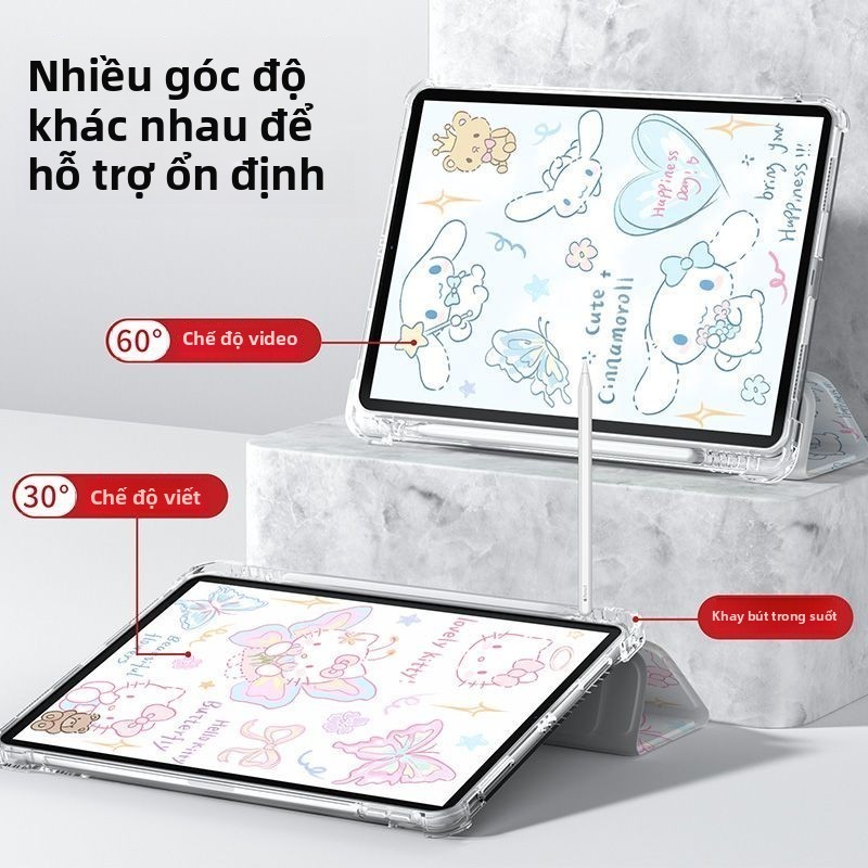 Ốp Bảo Vệ Cho iPad 2024air6 Pro11 Air4air5 10.9 air310.5 Thế Hệ Thứ 102022Mini4 / 5 / 6 8.3 Air1 / 2 9.7gen7gen8gen9 10.2Hello Kitty Túi Khí Gấp Ba Vỏ Máy Tính Bảng Có Khe Cắm Bút