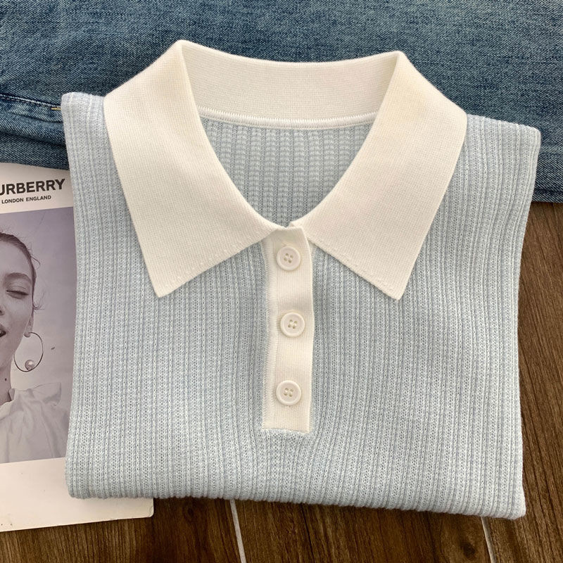 SUXI Áo sơ mi Polo đeo vai thẳng màu xanh đơn giản mới dành cho nữ mùa hè 250409