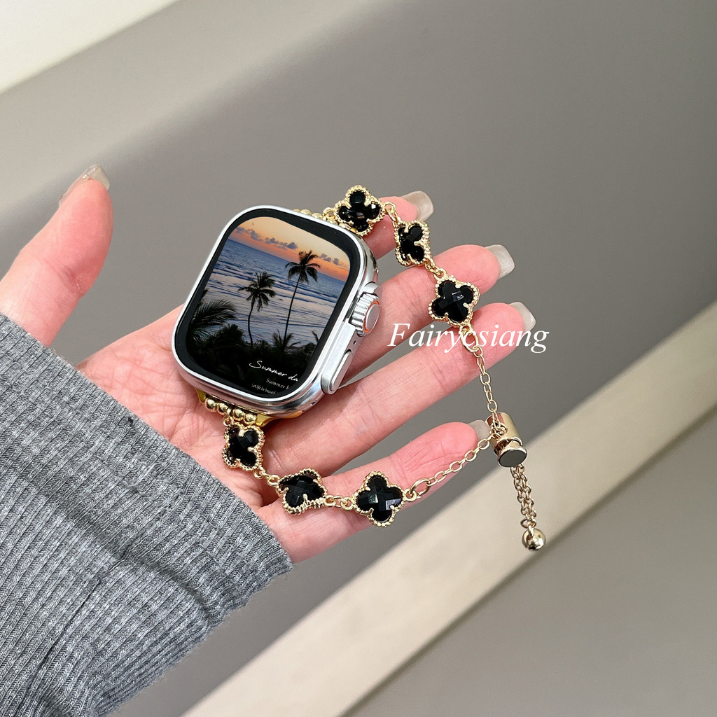 Dây đeo đồng hồ nữ có hạt cỏ ba lá mới cho Apple Watch Series 10 46MM 38 40 41 42 44 45 46 49mm cho vòng đeo tay iwatch 10 9 8 7 6 SE
