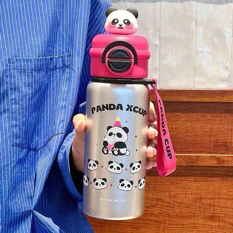 Bình Nước Giữ Nhiệt 550ml Gấu Trúc Dễ Thương Hai Ngăn Có Ống Hút Cho Học Sinh mq