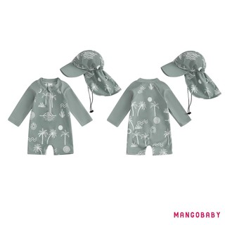 MG-Kid Boy Rash Guard Đồ Bơi Dừa In Hình Cây Dừa Dài Tay Mock Cổ Zip Bộ Đồ Tắm Có Mũ 2 Chiếc Bộ
