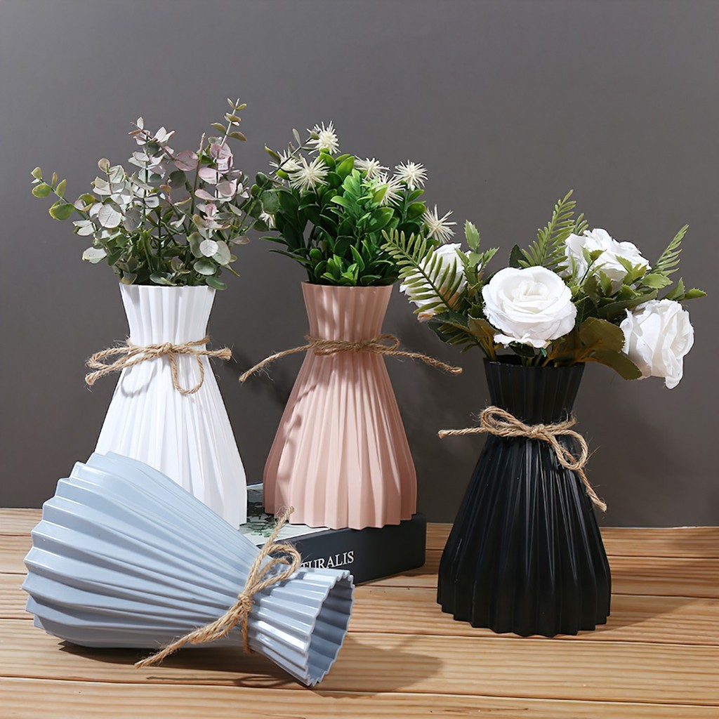 Bình hoa lọ hoa nhựa dáng Origami thắt lưng giả gốm decor phong cách bắc âu họa tiết sọc đơn giản hiện đại sẵn dây gai