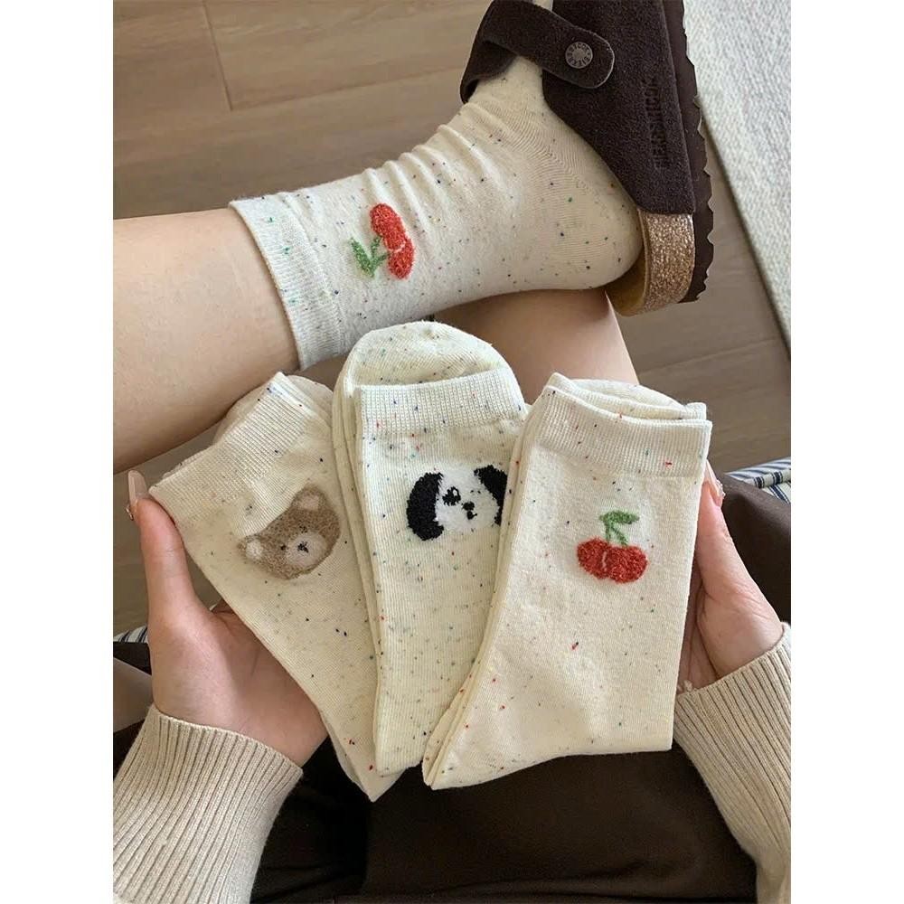 Set 10 Đôi Tất nữ cổ cao Màu Muối Tiêu Họa Tiết GẤU NƠ CHERRY siêu xinh