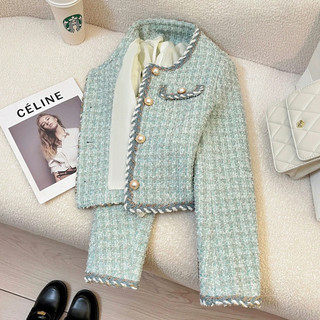 Xanh Pháp Tinh Tế Tweed Nhỏ Hương Thơm Ngắn Áo Khoác Nữ Thu Đông 2024 Phong Cách Mới Nhỏ Thời Trang Hàng Đầu Hợp Thời Trang