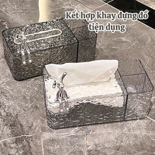 Hộp đựng khăn giấy vân kim cương trong suốt kèm khay đựng đồ để bàn họa tiết thỏ sang trọng