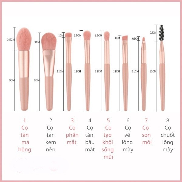 Bộ cọ trang điểm bằng gốm sứ cổ điển 8 miếng, bộ cọ trang điểm cá tính
