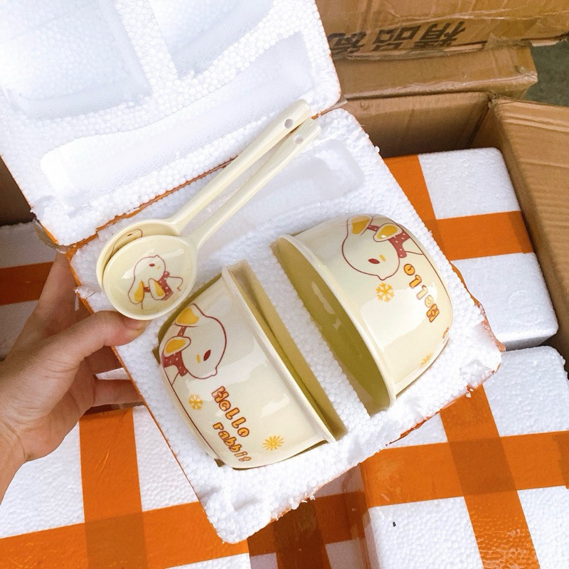 Set 2 Bát Ăn Cơm Bằng Sứ Hình Con Lợn Cute