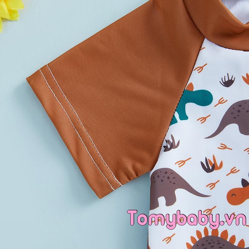 Trẻ mới biết đi Bé trai Rash Guard Đồ bơi in hình khủng long tay ngắn Mock Cổ Zip Bộ đồ tắm có nắp bơi