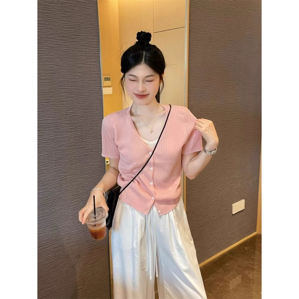 SUXI Áo thun nữ cổ chữ V màu xanh mùa hè đơn giản 250419