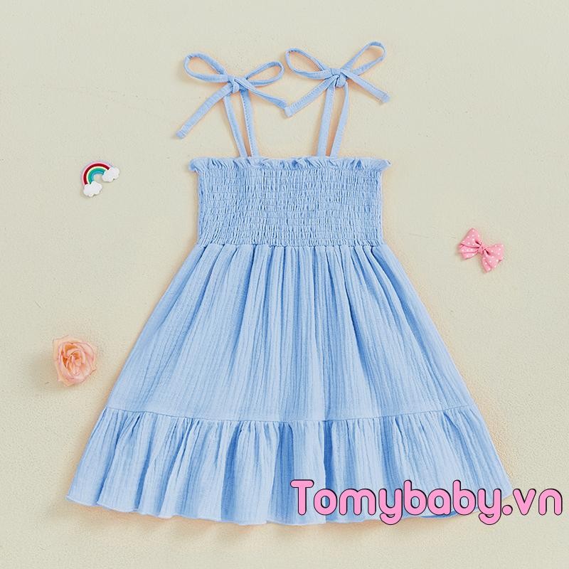 Trẻ Em Bé Gái Thắt Vai Chắc Chắn Smocked Spaghetti Dây Đeo Tầng Xù Váy