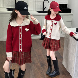 Quần Áo Giáng Sinh Bé Gái Thu Đông Áo Len Nhật Bản + Váy Xếp Ly Kẻ Sọc Phù Hợp Với Hai Mảnh 4-15 Tuổi