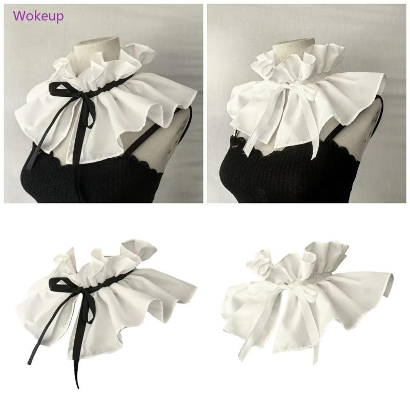 Woke Nữ Victoria Ruffle Đứng Cổ Giả Vintage Ruy Băng Buộc Xếp Ly Khăn Choàng Mũi