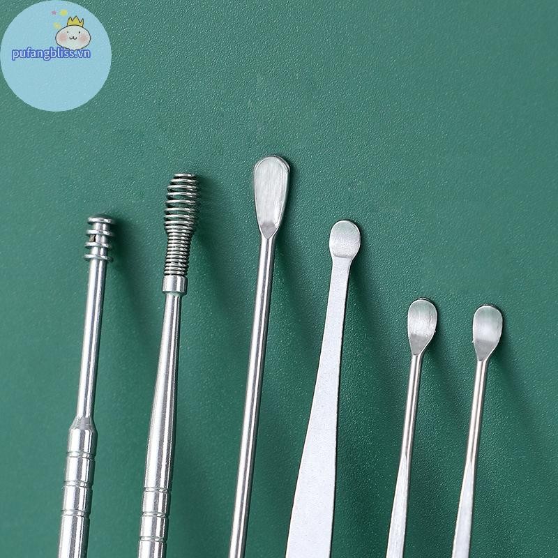 Pufangbliss 6 Cái / bộ Dụng cụ lấy ráy tai Dụng cụ lấy ráy tai bằng thép không gỉ Dụng cụ tẩy ráy tai Curette Thìa Chăm sóc tai Dụng cụ làm sạch tai VN