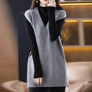 Áo Vest Xanh Navy Size Lớn Giữa Chiều Dài Dệt Kim Vest Nữ Thu Đông Cổ Chữ V Áo Chui Đầu Áo Len Nữ