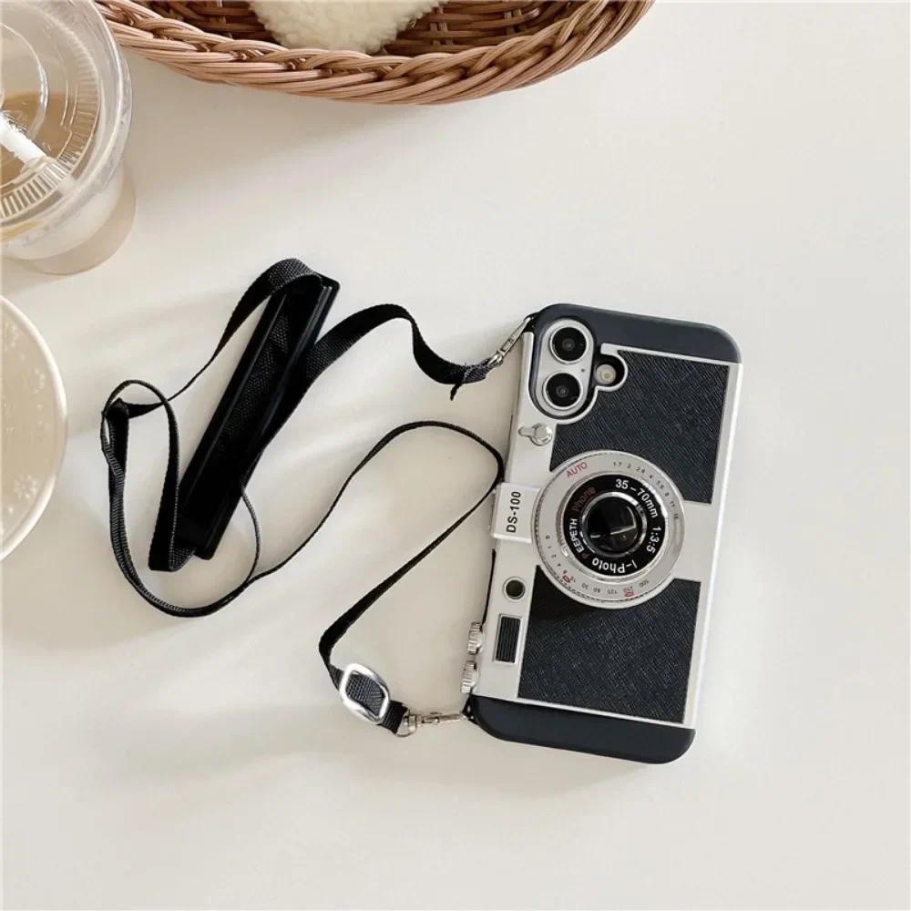 Ốp Điện Thoại Đeo Ngang Camera 3D Retro Cho iPhone 16 Pro Max 15 14 13 11 12 Mini XS Max XR X 7 8 Plus SE 2020 2022 Dây Nhựa Cứng