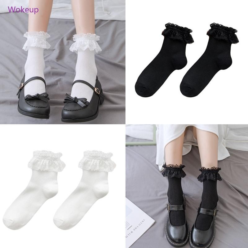 Woke Nữ Cô Gái Ngọt Ruffle Frilly Ren Ngắn Phi Hành Đoàn Tất Gothic Lưới Hàng Dệt Kim