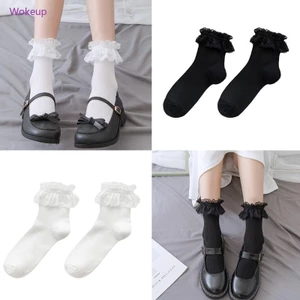 Woke Nữ Cô Gái Ngọt Ruffle Frilly Ren Ngắn Phi Hành Đoàn Tất Gothic Lưới Hàng Dệt Kim