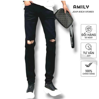 Quần jean nam đen trơn rách gối AMILY chất liệu Denim, độ dày co giãn tốt có BIGSIZE