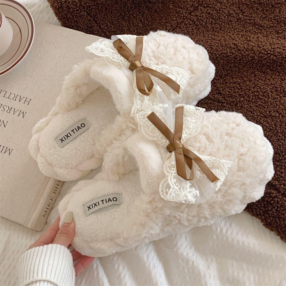 Dép sang trọng JKDESIGN, Dép Cotton ấm áp mùa đông nơ, Babouche sang trọng chống trượt mềm mại