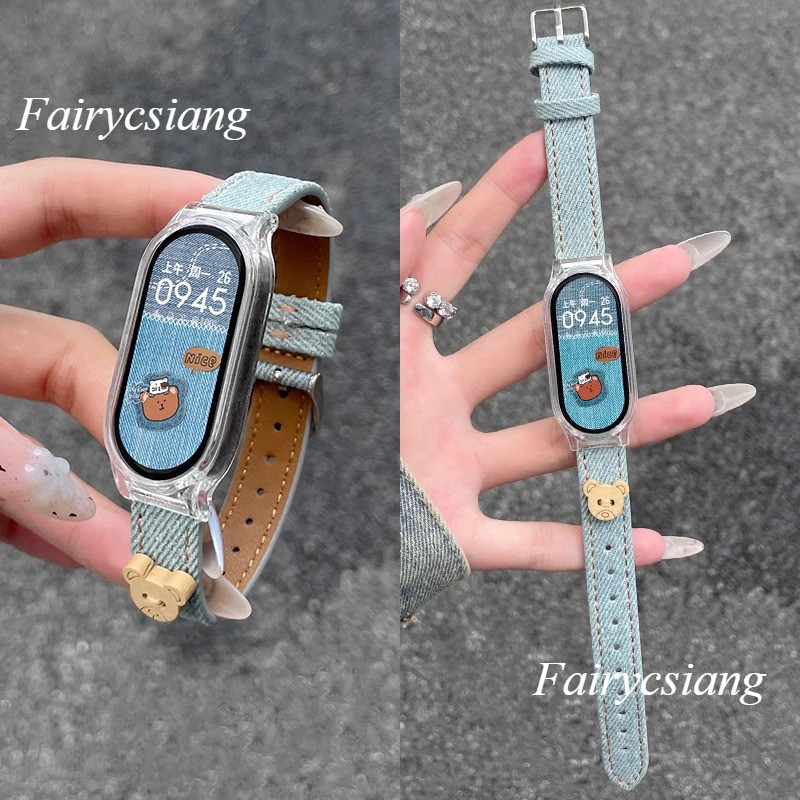 Gấu Nhỏ Denim Dây Đeo Cho Mi Band 10 9 8 7 6 5 4 3 Phụ Kiện Vòng Tay Cao Bồi Cho Xiaomi Band 9 8 Dây Đeo Tay