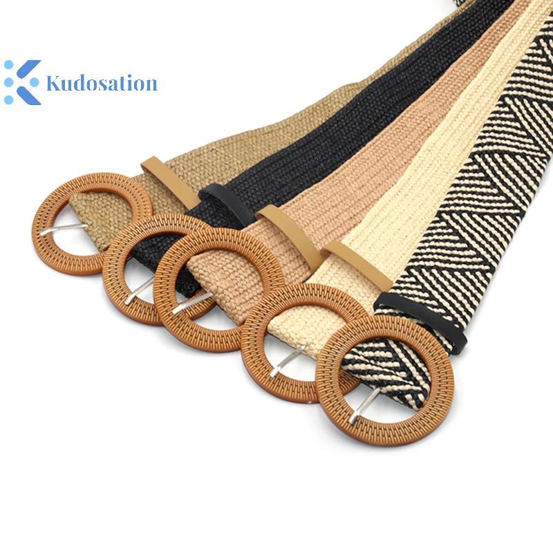 Kudosation Mùa Hè Nữ Thắt Lưng Co Giãn Khóa Tròn Vintage Boho Rơm Dệt Thắt Lưng Đầm