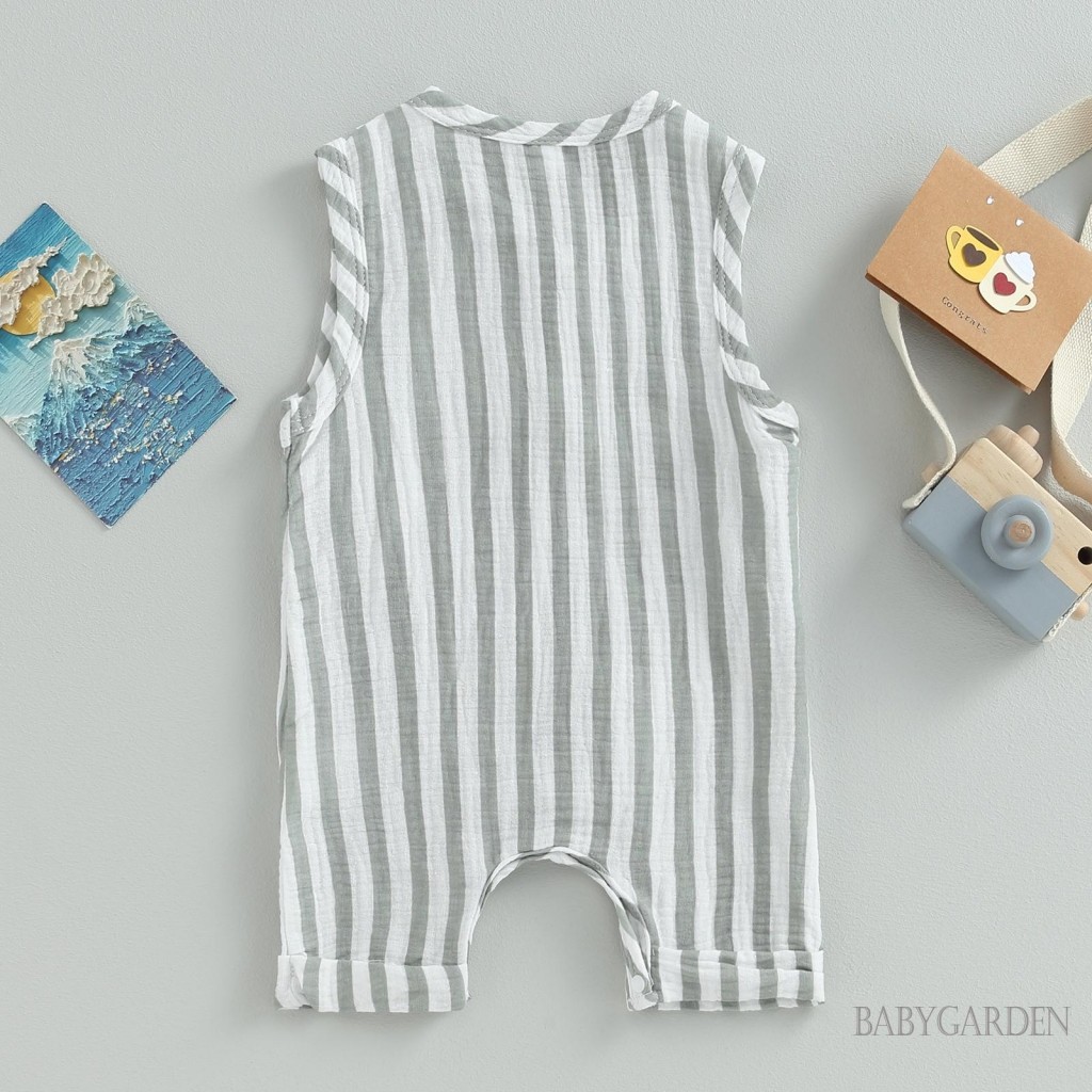 / / -Baby Bé Trai Bé Gái Áo Liền Quần Vải Lanh Cotton Nhẹ Thoáng Khí Không Tay Sọc Nút Ngắn Áo Liền Quần Trang Phục Mùa Hè Thu