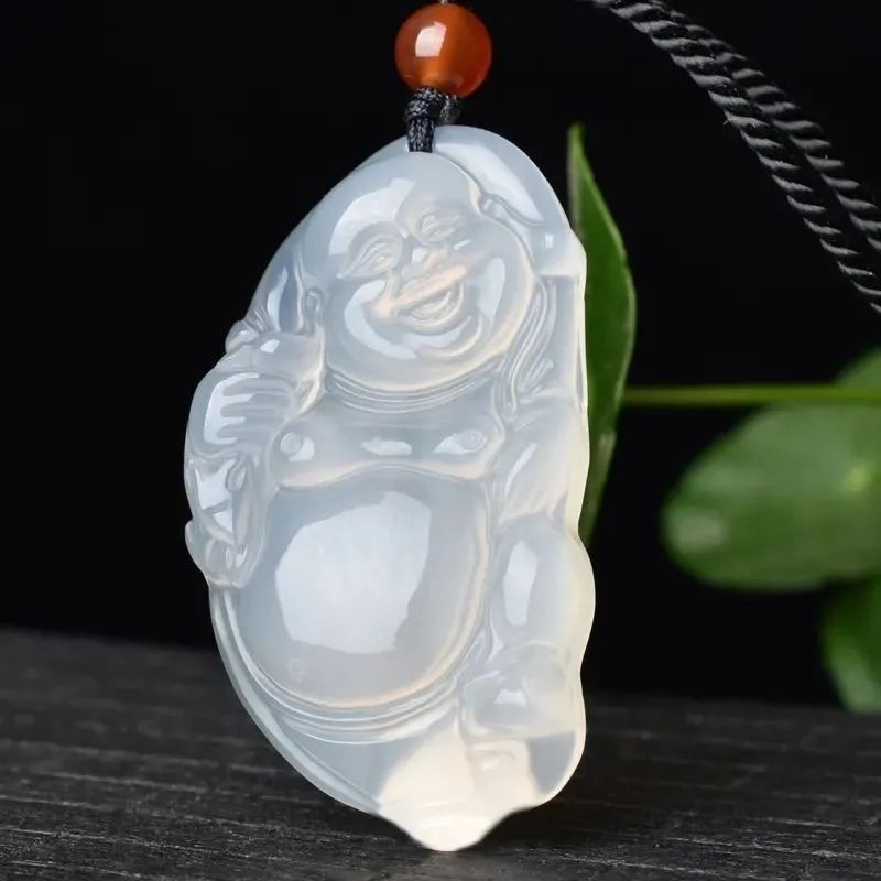 Mã Não Tự Nhiên Băng Trắng Chalcedony Túi Vải Phật Mặt Dây Chuyền Nữ Phong Cách Áo Len Dây Chuyền Mặt Dây Chuyền