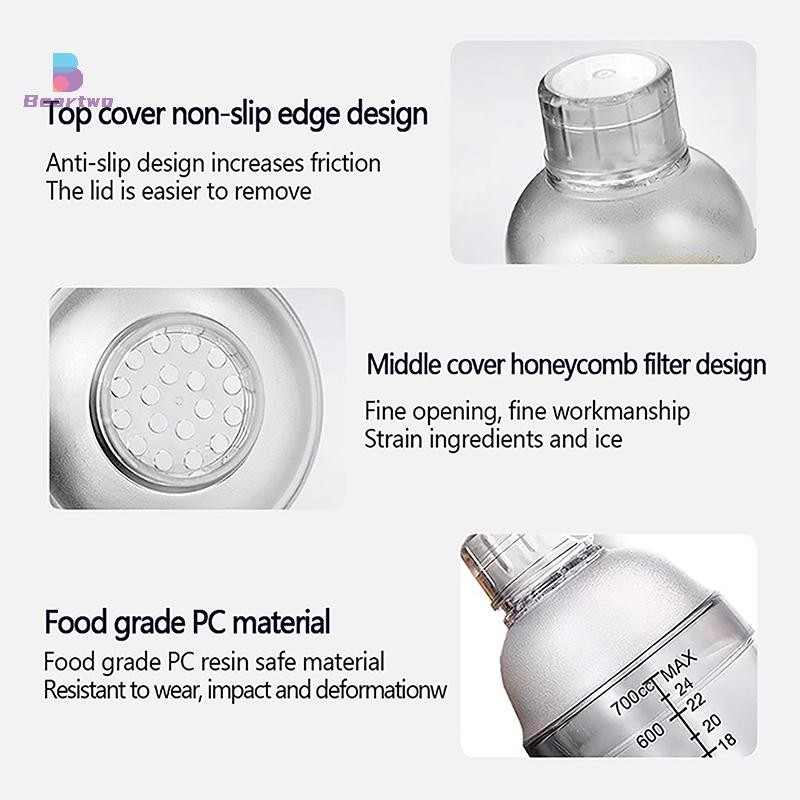 < beartwo > Cốc lắc tay bằng nhựa Cocktail có cân 350ml / 530ml / 700ml / 1000ml Trà sữa Rượu Uống Bình lắc Dụng cụ thanh trộn Đẹp