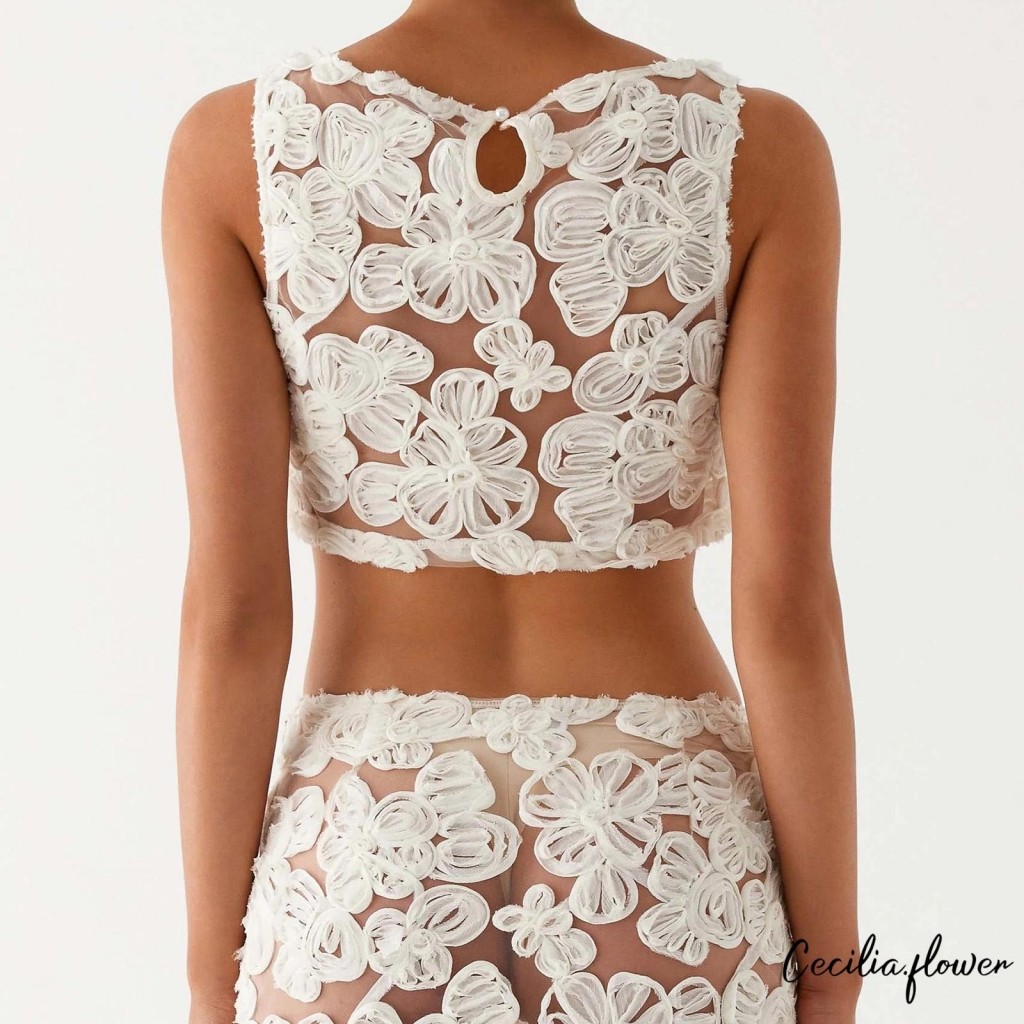 Áo Tank Top Nữ Không Tay Cổ Tròn Hoa Nhìn Xuyên Qua Mùa Hè Crop Top Clubwear