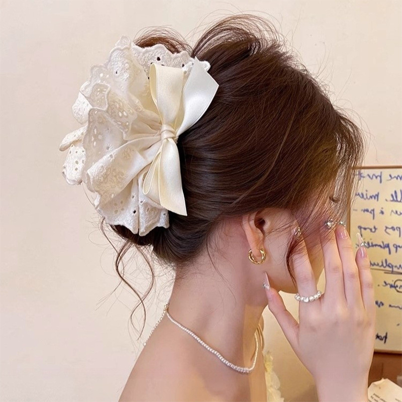 YT2 Mũ Phụ Kiện Tóc Kẹp Tóc Lớn Phong Cách Pháp Ren Phong Cách Nơ Màu Trơn TY2