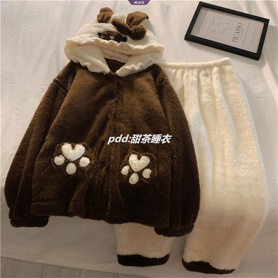 Ins Wind Hatsune Miku Coral Velvet Bộ Đồ Ngủ Nữ Thu Đông Dày Và Đệm Ấm Áp Flannel Loungewear Suit [BL]