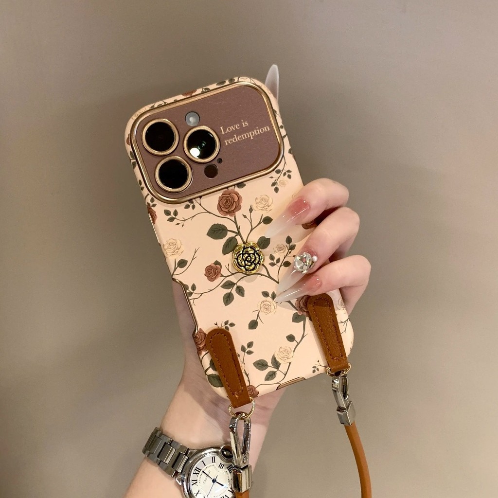 Ốp điện thoại mẫu mới 16 hoa hồng da ba chiều dây đeo iPhone15ProMax 14 chống rơi 13 Nữ 12