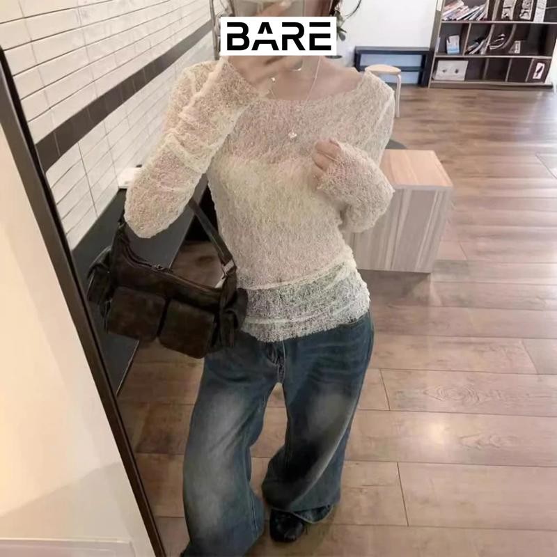 BARE_Áo Ren Lưới Đính Đá Ôm Body Dài Tay Kèm Áo 2 Dây Bên Trong Phong Cách Quyến Rũ- A406 Nữ Women
