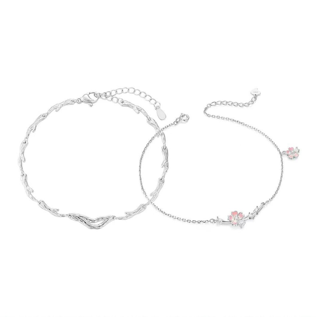 S925 Bạc Hoa Anh Đào Lót Twig Cặp Đôi Vòng Tay Thời Trang Đơn Giản Hoa Nam Nữ Vòng Tay