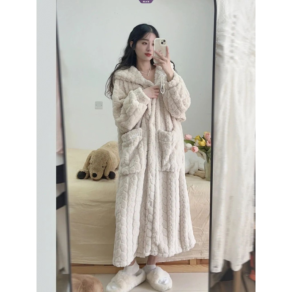 Bộ Đồ Ngủ Lông Cừu San Hô Dễ Thương Nữ Mùa Đông Đệm Dày Ấm Có Mũ Trùm Đầu Học Sinh Rời Mặc Ở Nhà Áo Có Thể Mặc Bên Ngoài [BL]