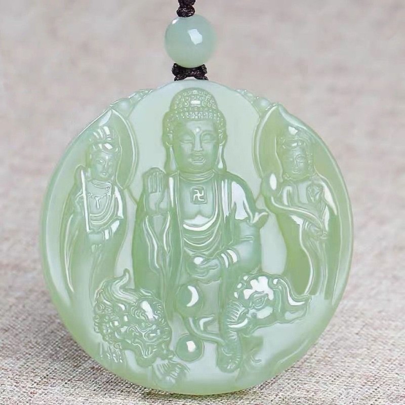 Tự Nhiên Xanh Trắng Ngọc Tây Sansheng Ngọc Thương Hiệu Quan Âm Mặt Dây Chuyền Sapphire Khắc Hòa Bình Ngọc Mặt Dây Chuyền