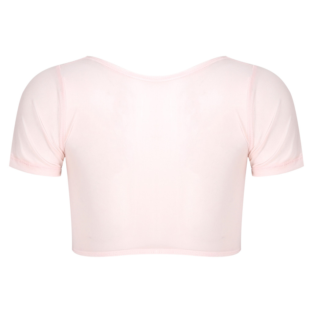 YOOJOO Nữ Lưới Mềm Nhìn Xuyên Qua Sheer Mở Bust Tay Ngắn Bụng Khiêu Vũ Crop Top