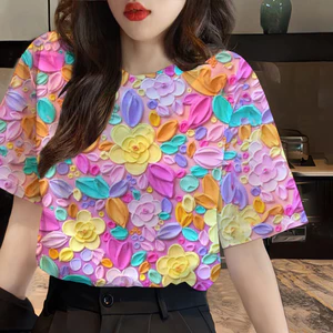 Áo thun ngắn tay in hoa màu sắc đa năng cho phụ nữ, cổ tròn, kích thước lớn, phong cách thoải mái