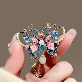MAUROPOLI [Sẵn sàng] Phong cách cổ xưa Cloisonne Tính khí Vẽ hình con bướm bên kẹp Retro Thanh lịch Sườn xám Hanfu Nữ Men Kẹp tóc Phụ kiện Ngọc trai