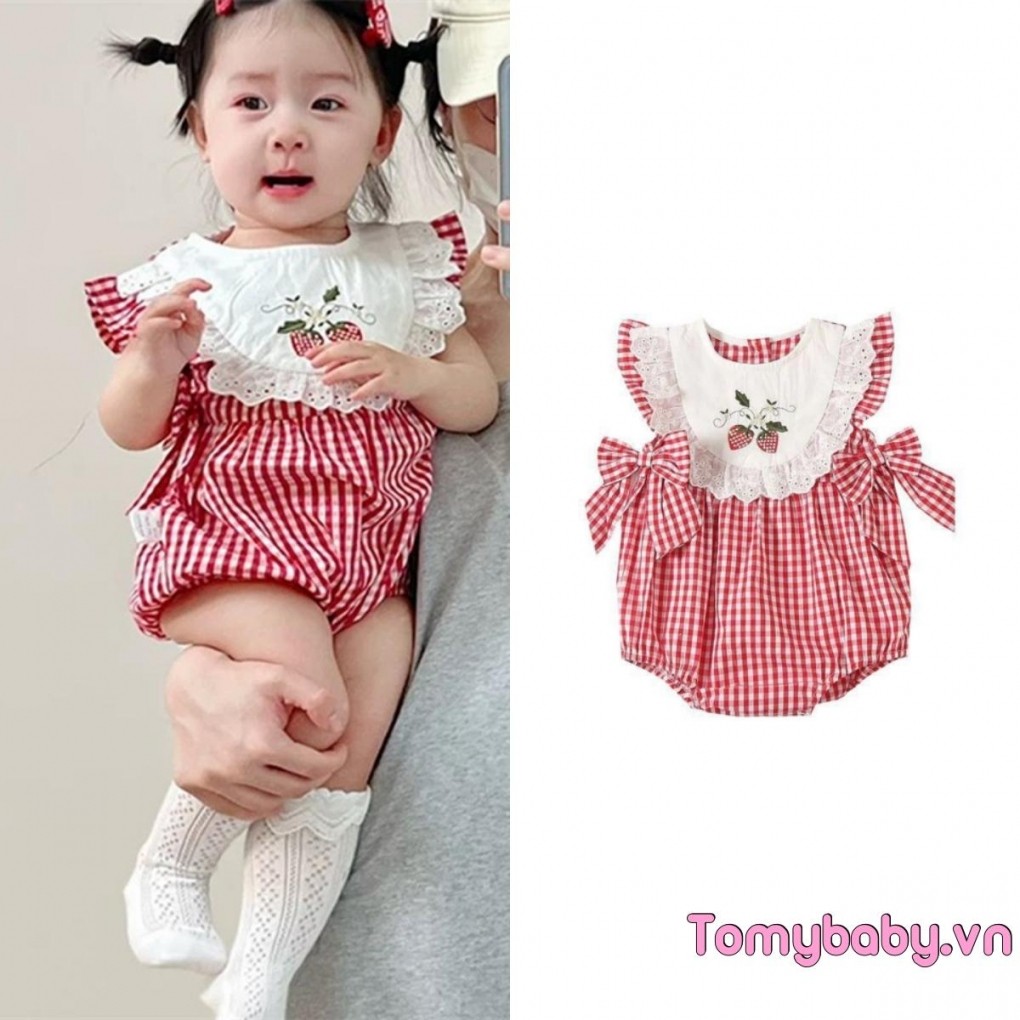 Bộ áo liền quần cổ tròn không tay thêu dâu tây cho bé gái