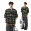 TIANLESIWEI Áo thun sọc cổ chữ V màu xanh lá cây cổ chữ V mùa hè dáng rộng nam nữ áo thun cotton