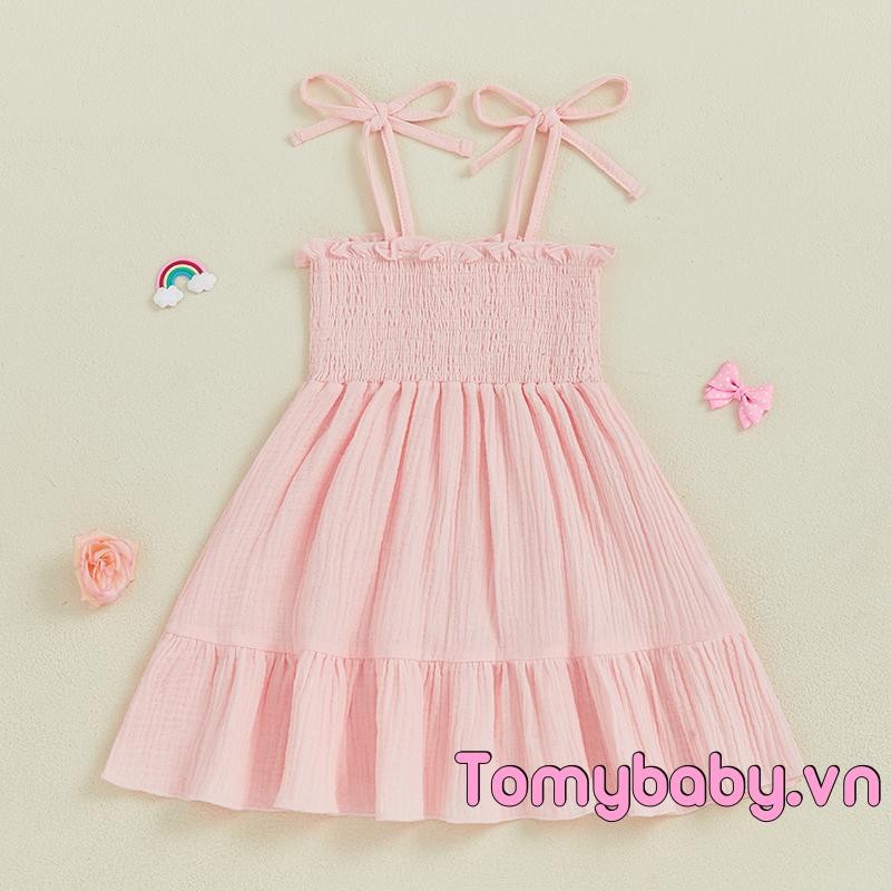 Trẻ Em Bé Gái Thắt Vai Chắc Chắn Smocked Spaghetti Dây Đeo Tầng Xù Váy