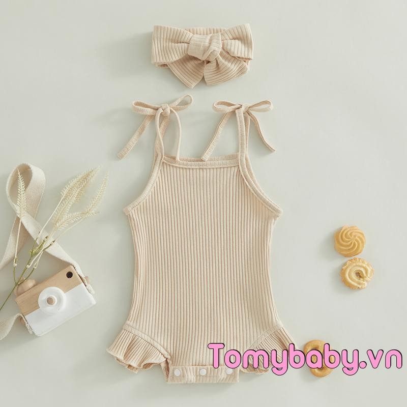 Bộ đồ liền thân không tay có dây buộc và xếp nếp đan gân cho bé gái kèm băng đô