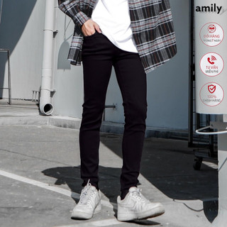 Quần Skinny Jeans Nam AMILY Màu Đen Trơn chất bò đen rách gối dáng ôm tôn dáng trẻ trung